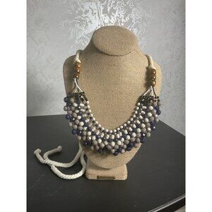 Bohemian Style Beaded Necklace With White Rope & Wood Accents